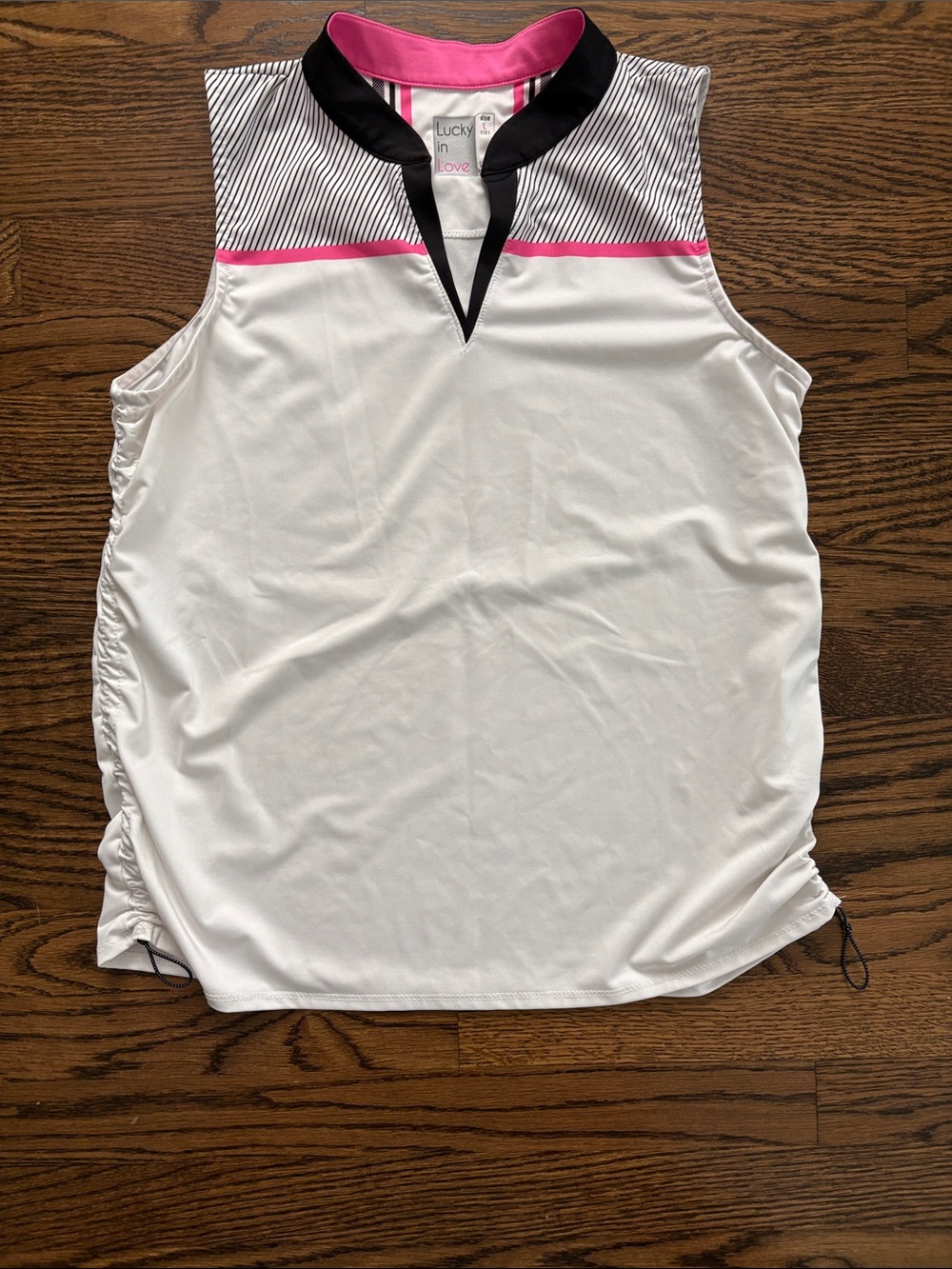 Lucky in Love White Tennis Tank with Black Collar and Pink Trim. Size Large